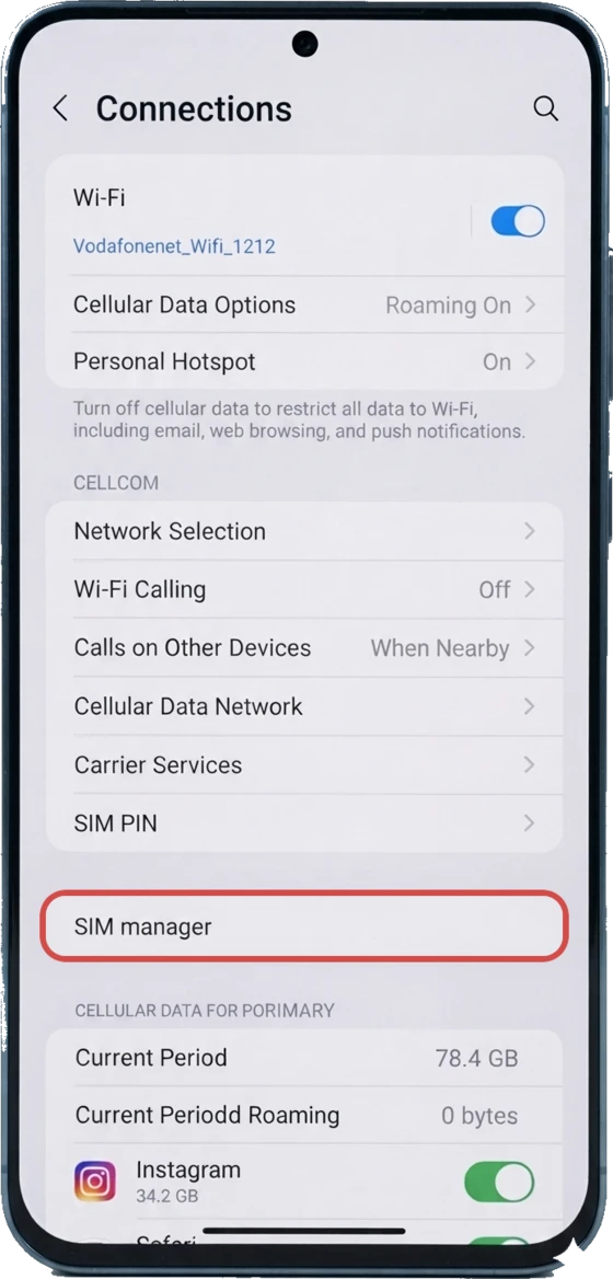 Samsung-ийн Connections дэлгэц дээр «SIM manager» мөрийг улаанаар тэмдэглэсэн